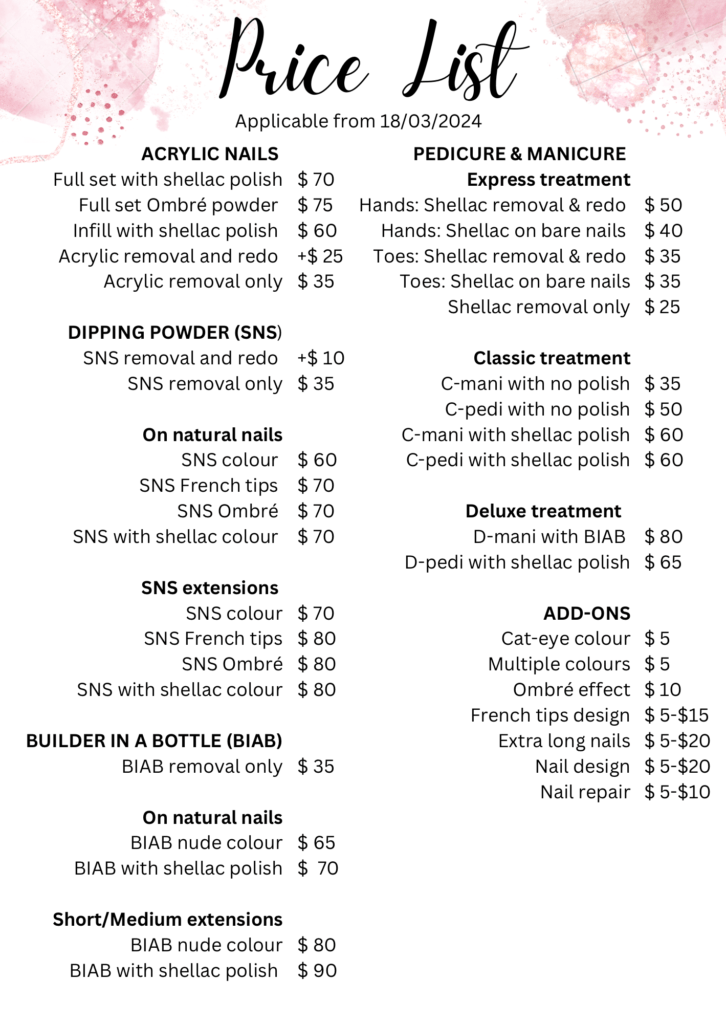 Updated Price List – Nail Story Toowoomba